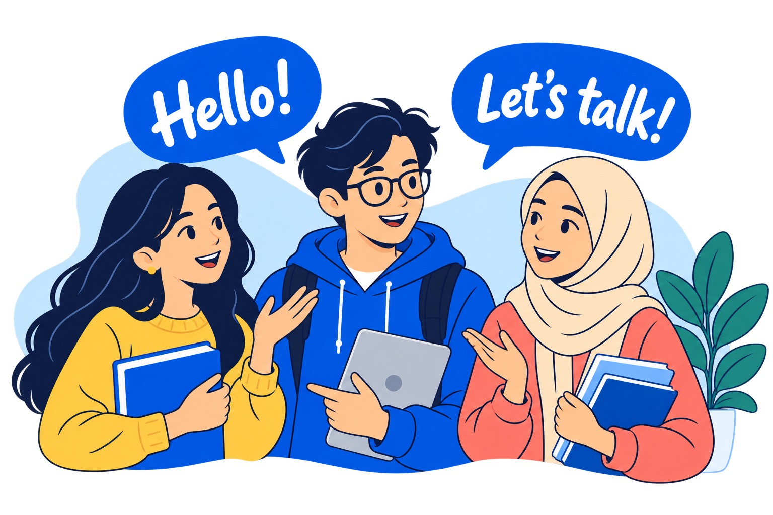 Tiga pelajar bahasa sedang berbincang dalam bahasa Inggris